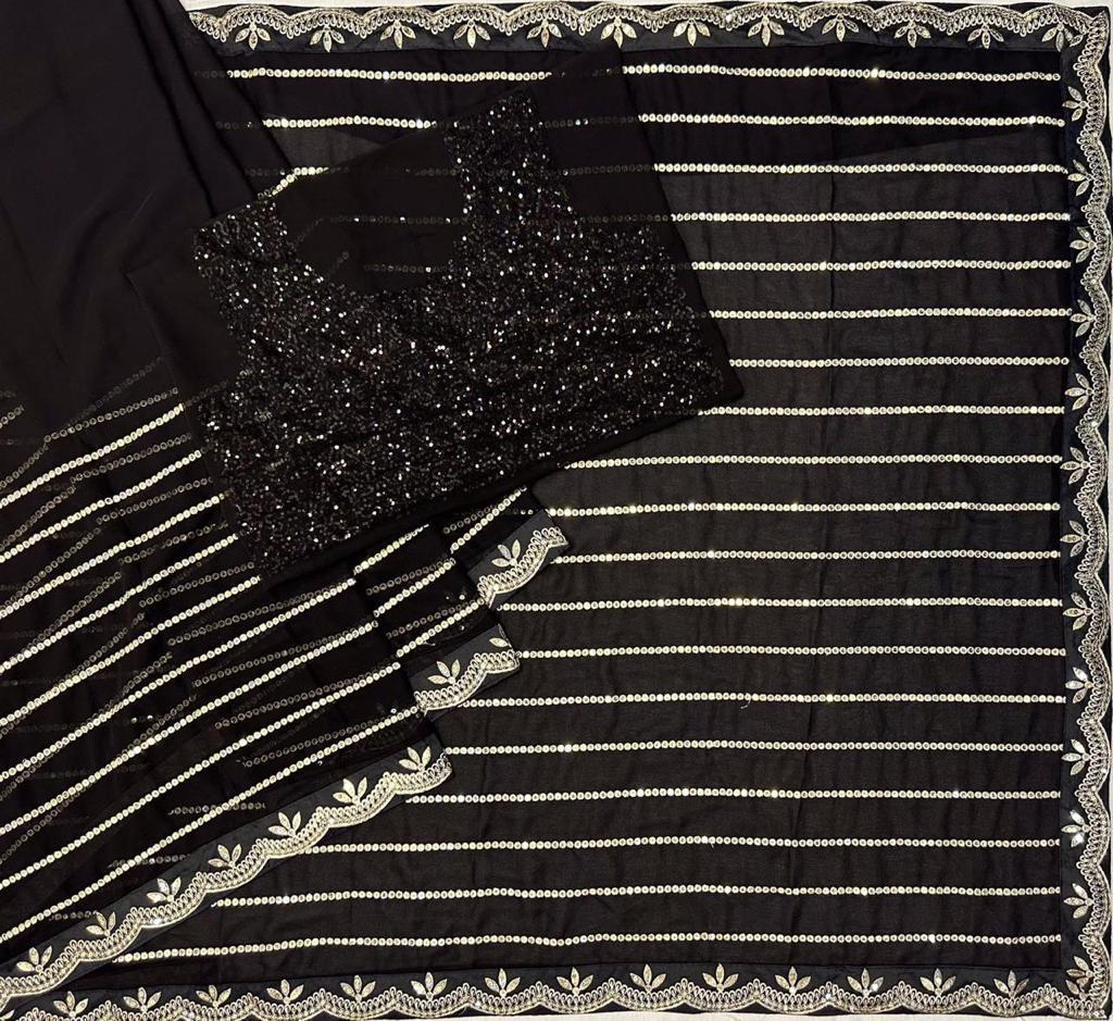 Black Color Sequence Work Celebrity Style Soft Net Saree