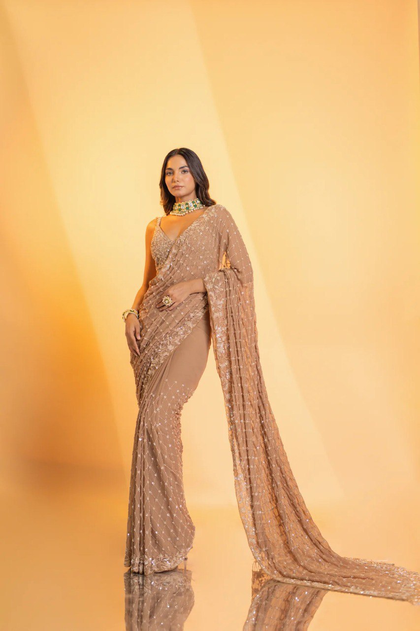 Bollywood Style Brown Colour Sequence Work Party Wear Saree
