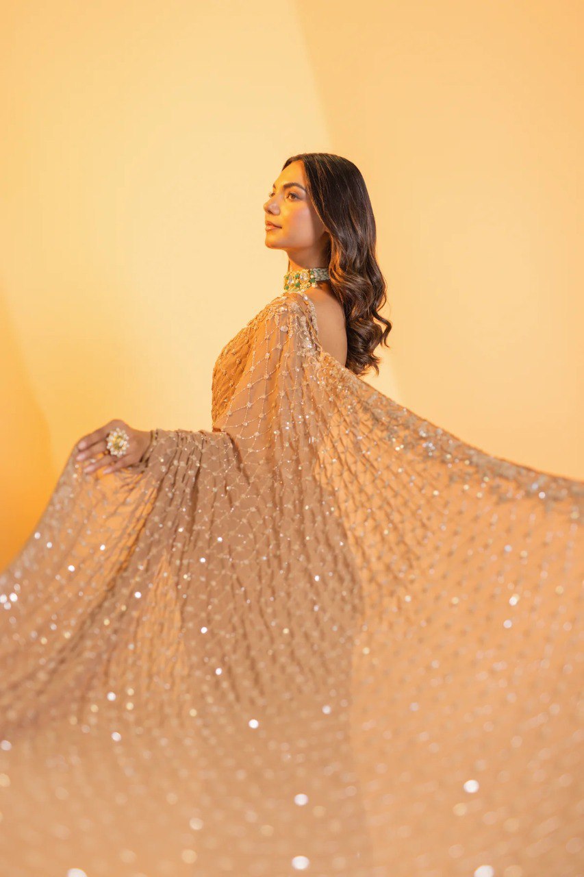 Bollywood Style Brown Colour Sequence Work Party Wear Saree