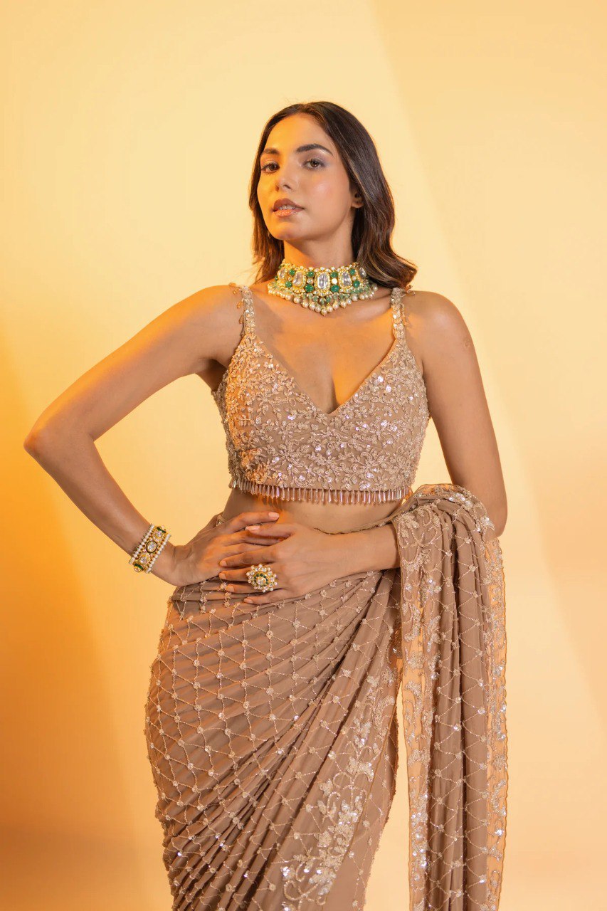 Bollywood Style Brown Colour Sequence Work Party Wear Saree