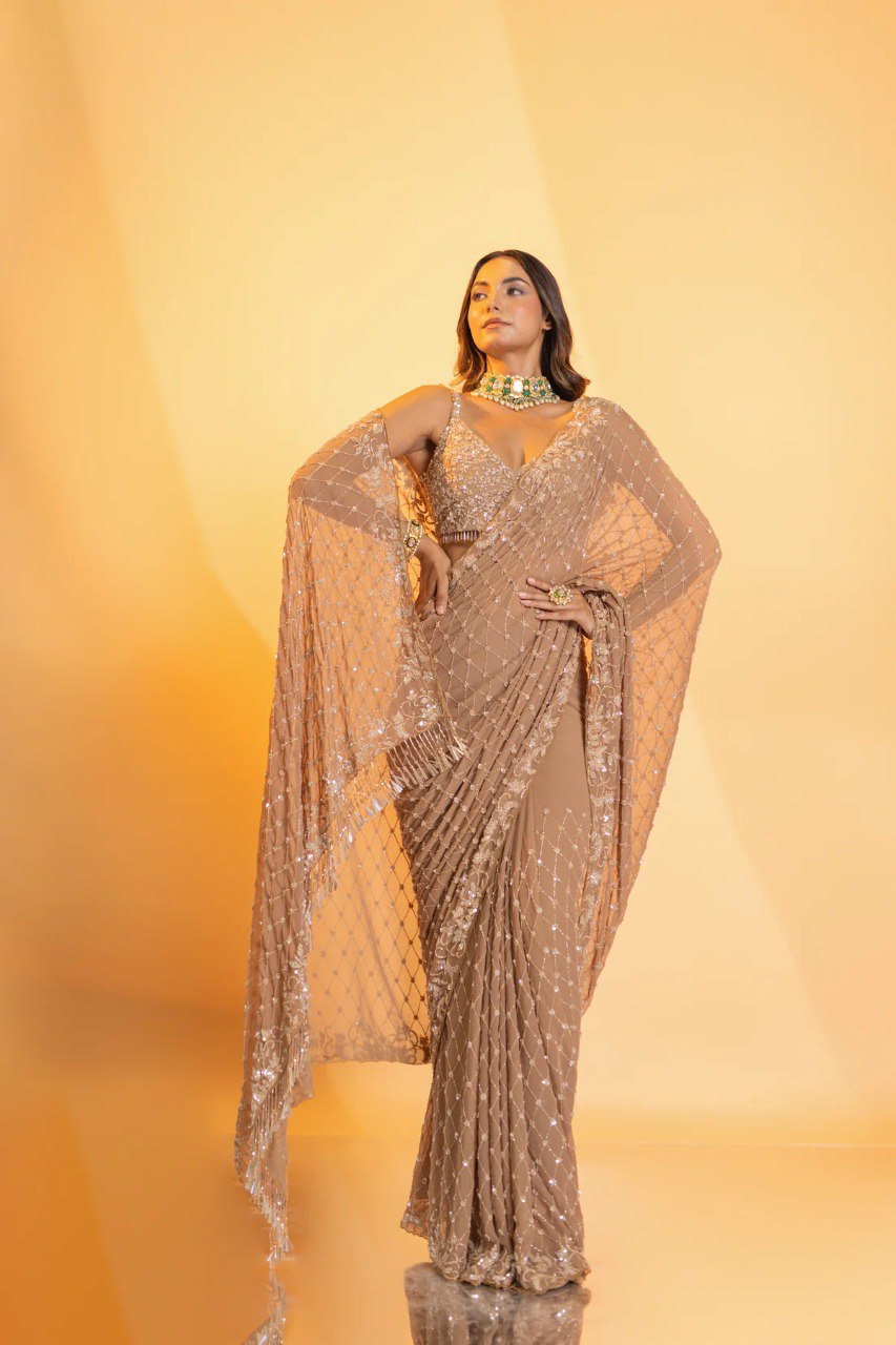 Bollywood Style Brown Colour Sequence Work Party Wear Saree
