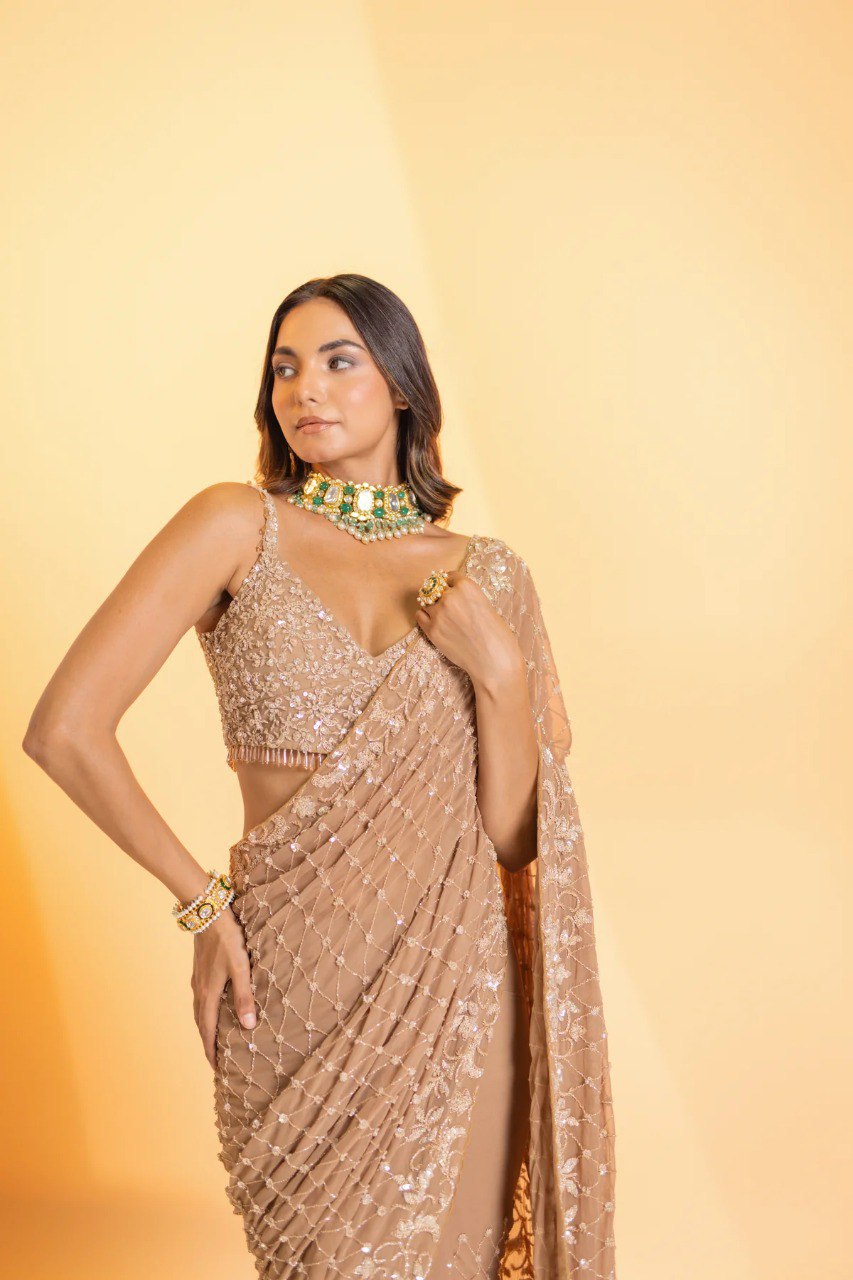 Bollywood Style Brown Colour Sequence Work Party Wear Saree