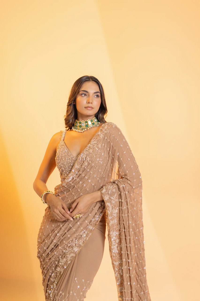 Bollywood Style Brown Colour Sequence Work Party Wear Saree