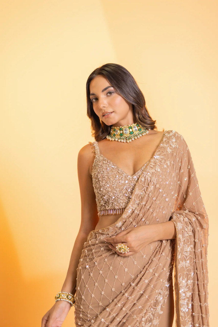 Bollywood Style Brown Colour Sequence Work Party Wear Saree