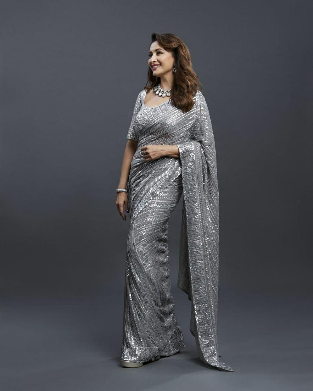 Madhuri Dixit Heavy Sequence Saree Grey Color