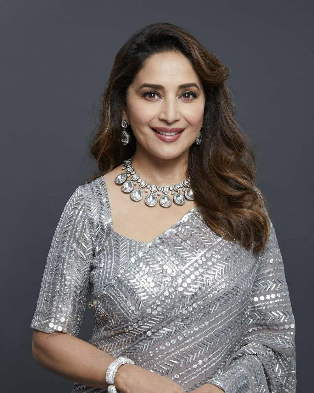 Madhuri Dixit Heavy Sequence Saree Grey Color