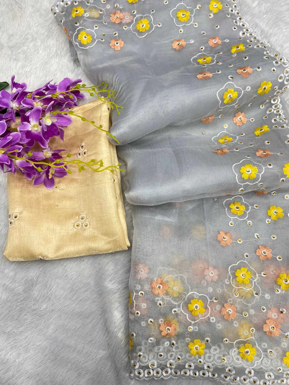 Grey Organza Silk Hand Cut Work Saree