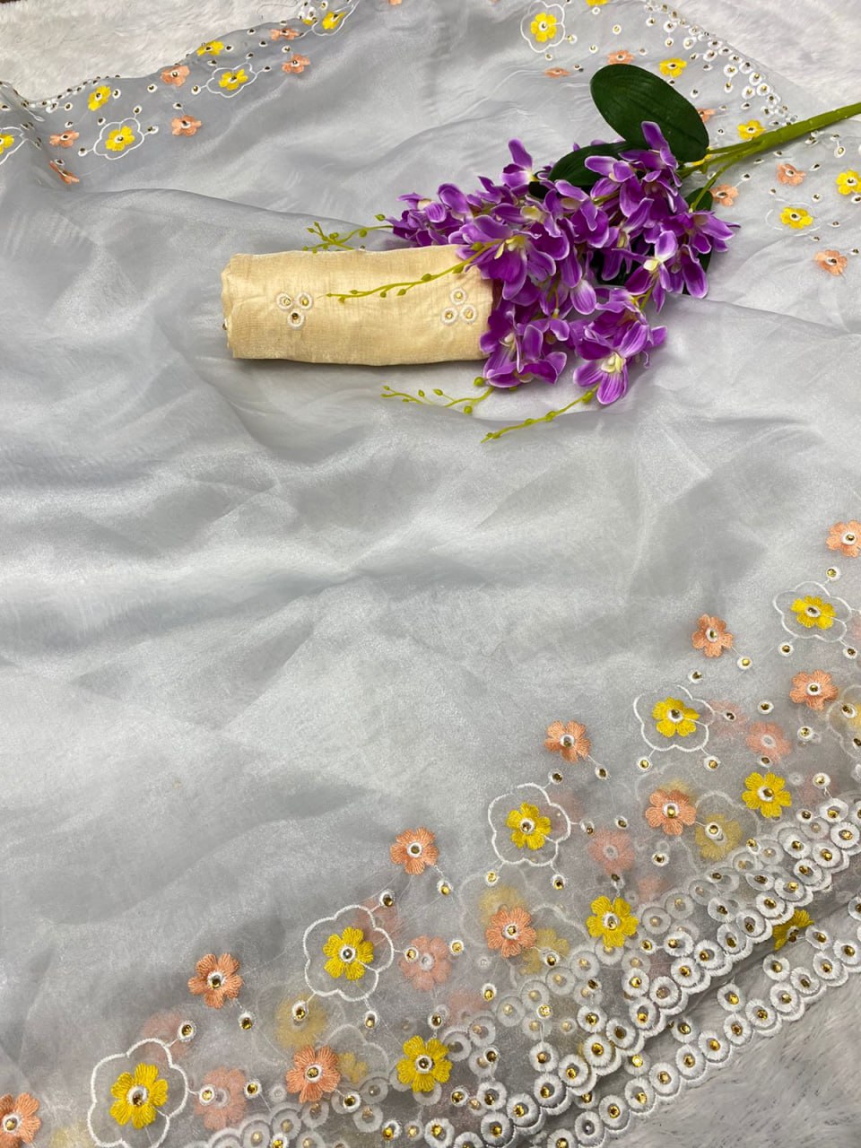 Grey Organza Silk Hand Cut Work Saree