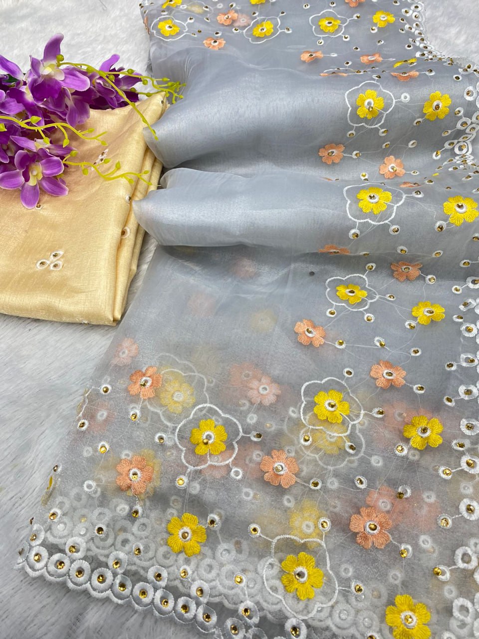 Grey Organza Silk Hand Cut Work Saree