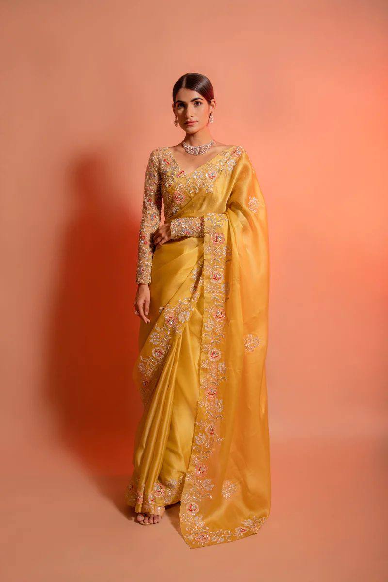 Blossom yellow net sequins and zardozi embroidered blouse and hand crafted satin organza saree