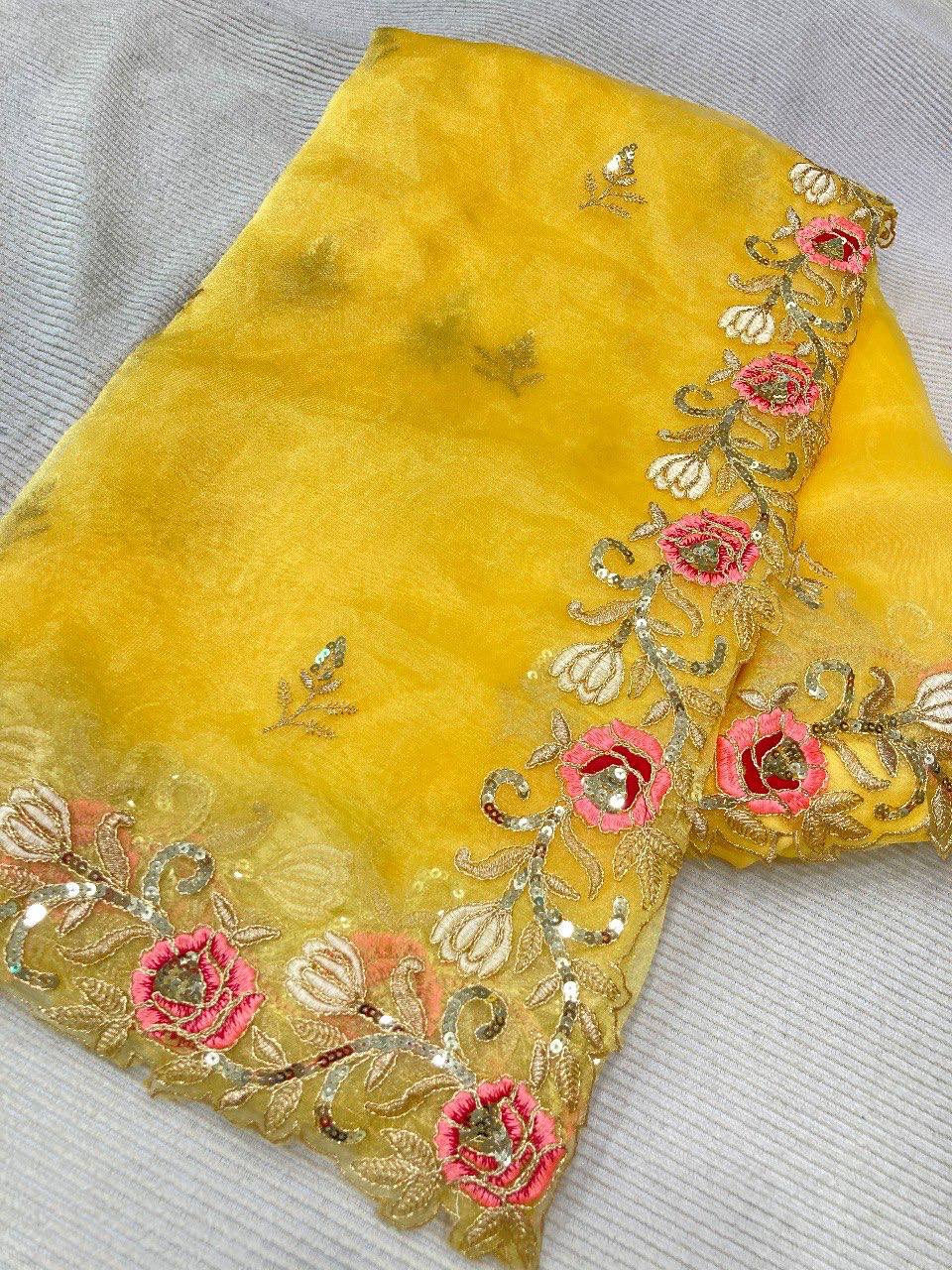 Blossom yellow net sequins and zardozi embroidered blouse and hand crafted satin organza saree