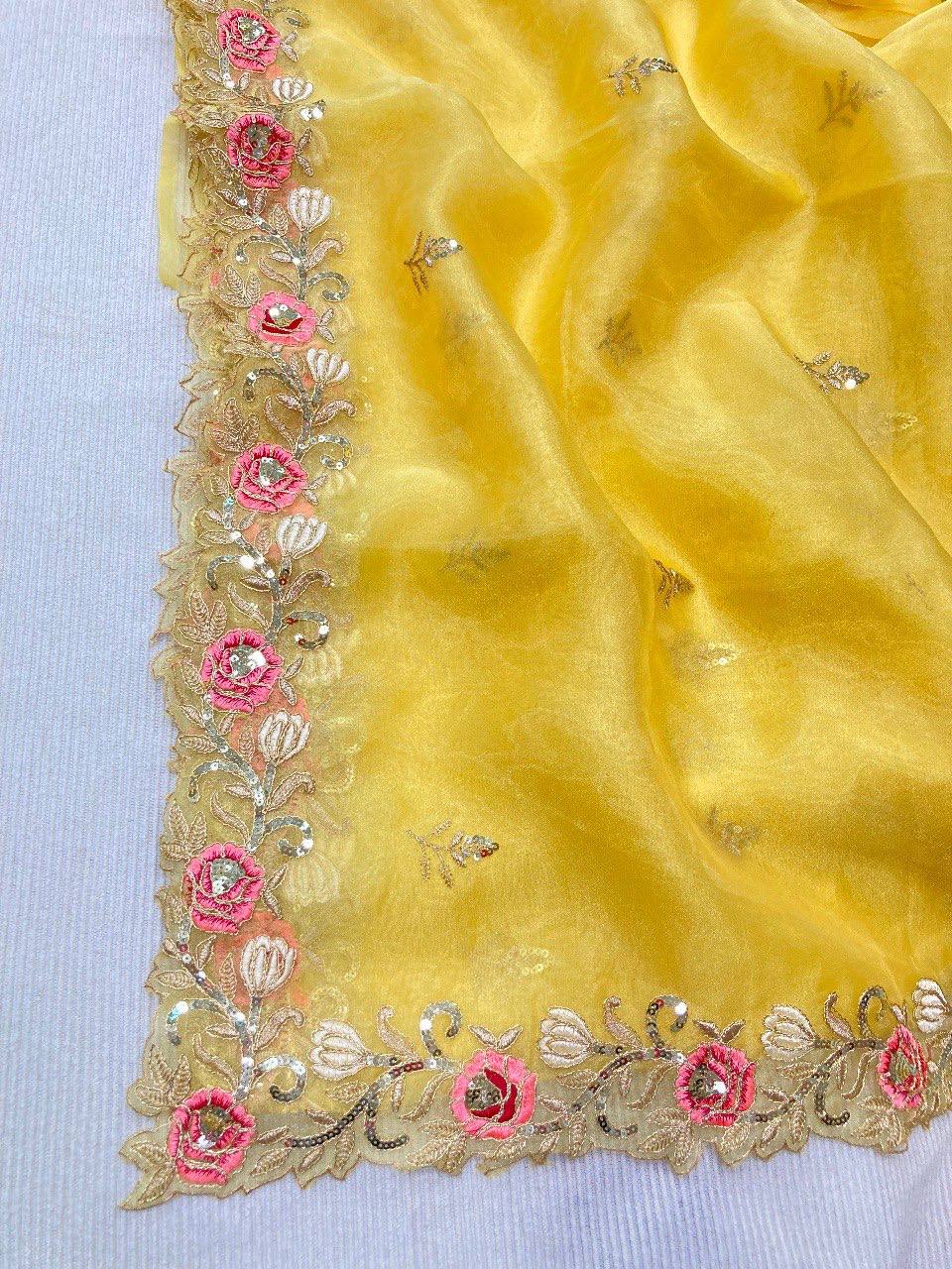 Blossom yellow net sequins and zardozi embroidered blouse and hand crafted satin organza saree