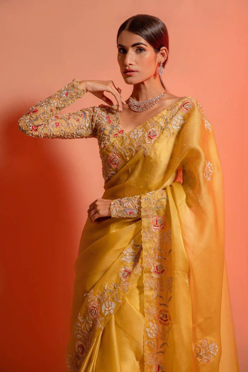 Blossom yellow net sequins and zardozi embroidered blouse and hand crafted satin organza saree