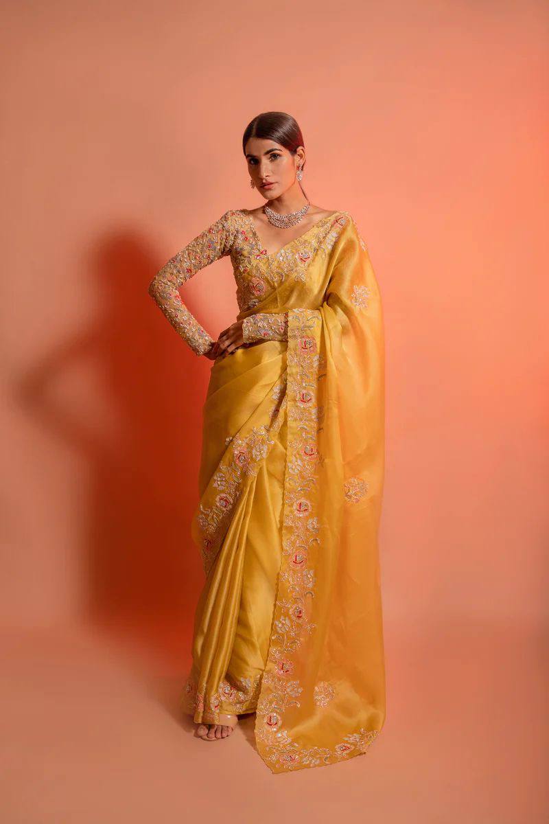 Blossom yellow net sequins and zardozi embroidered blouse and hand crafted satin organza saree