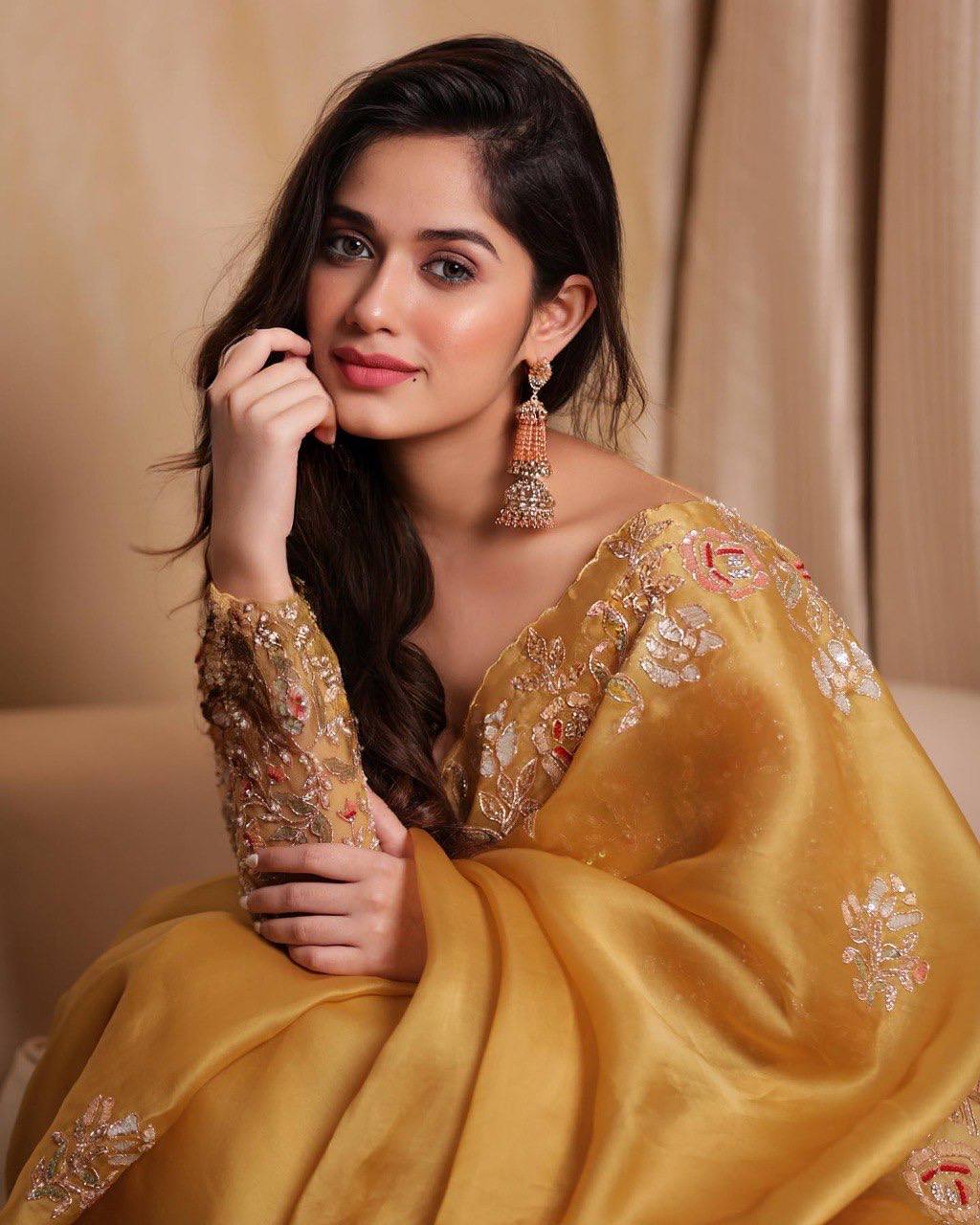 Blossom yellow net sequins and zardozi embroidered blouse and hand crafted satin organza saree
