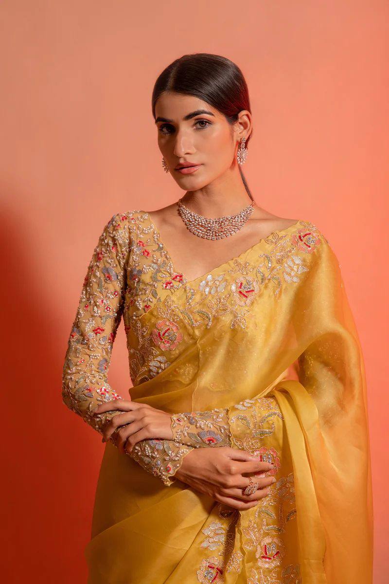 Blossom yellow net sequins and zardozi embroidered blouse and hand crafted satin organza saree