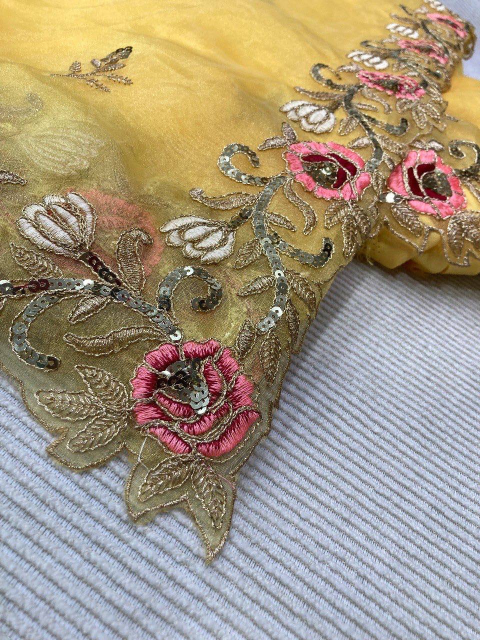 Blossom yellow net sequins and zardozi embroidered blouse and hand crafted satin organza saree