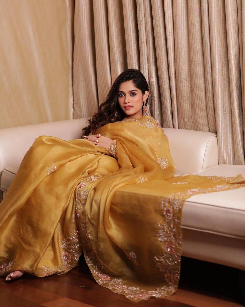 Blossom yellow net sequins and zardozi embroidered blouse and hand crafted satin organza saree