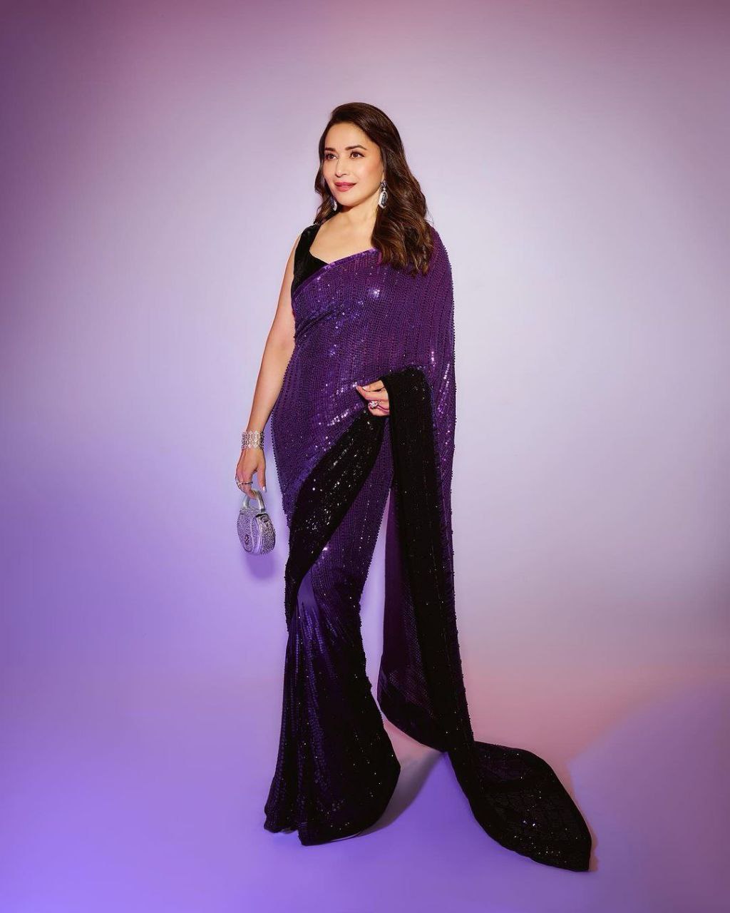 Madhuri Dixit Purple And Black Sequin Saree At Anant Ambani Wedding Buy Online