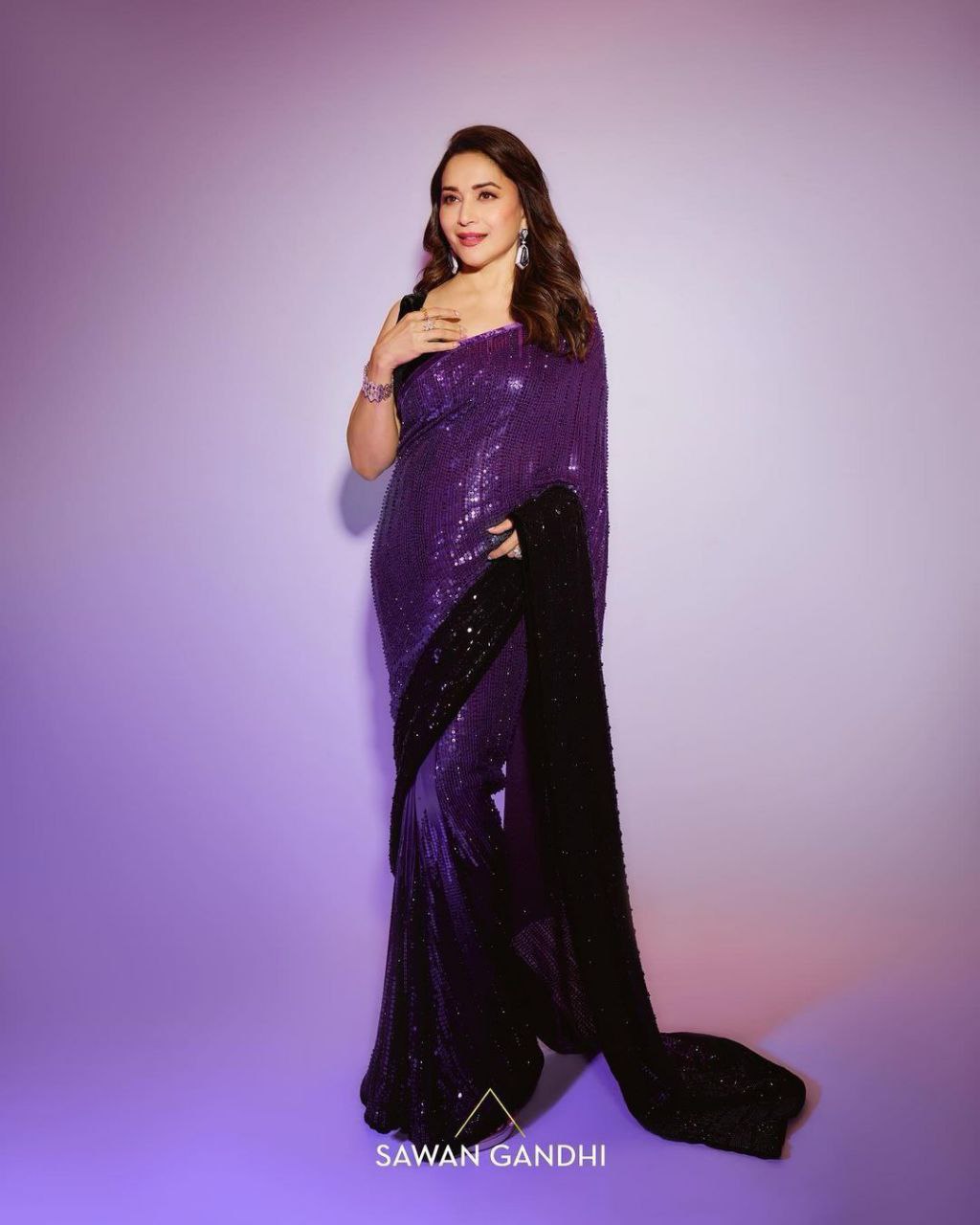 Madhuri Dixit Purple And Black Sequin Saree At Anant Ambani Wedding Buy Online