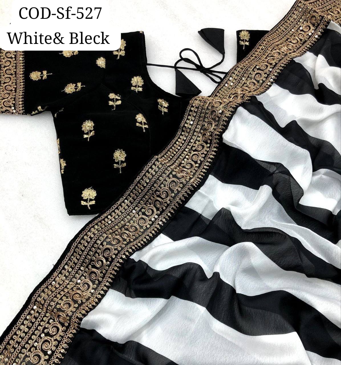 Black & White Striped Printed Georgette Saree
