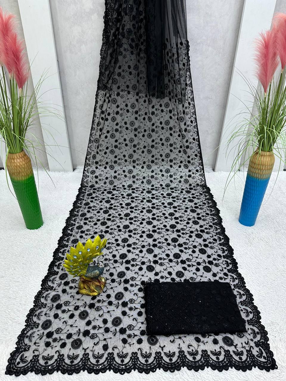 Mrunal Thakur Saree in Black Color Soft Net With Sequins Embroidery Work