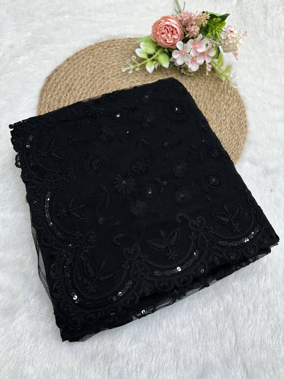 Mrunal Thakur Saree in Black Color Soft Net With Sequins Embroidery Work