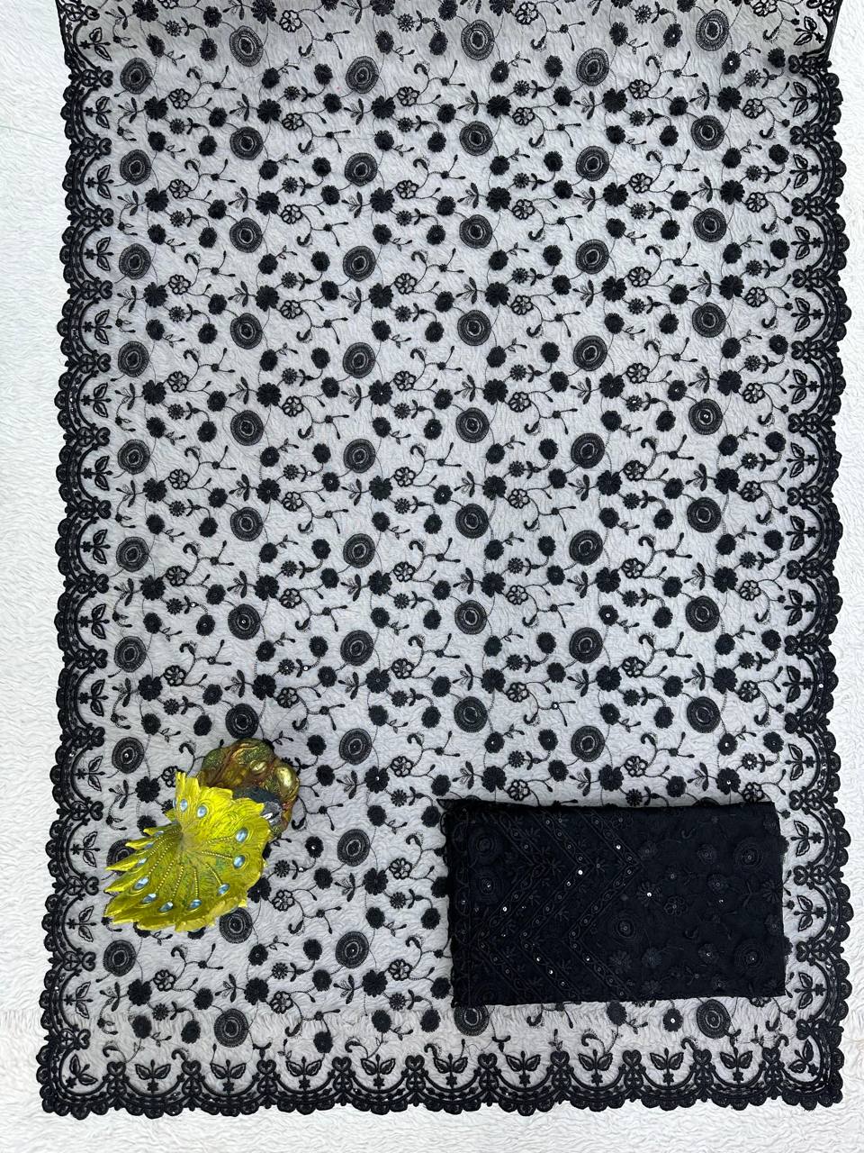 Mrunal Thakur Saree in Black Color Soft Net With Sequins Embroidery Work