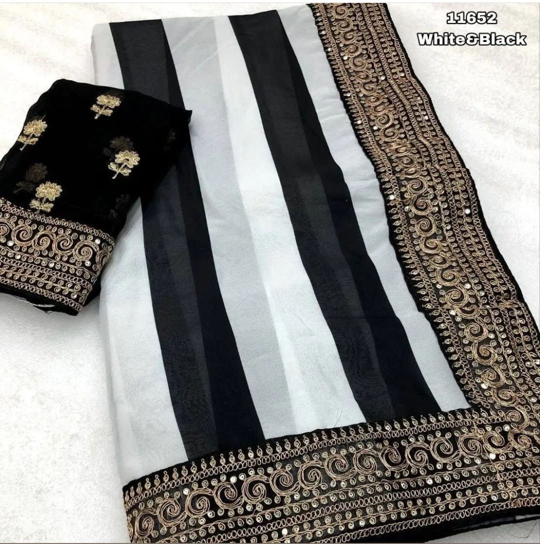 BEAUTIFUL FANCY DORI & THREAD ZARI WITH FANCY SEQUENCE WORK BOLLYWOOD SAREE BLACK AND WHITE COLOR