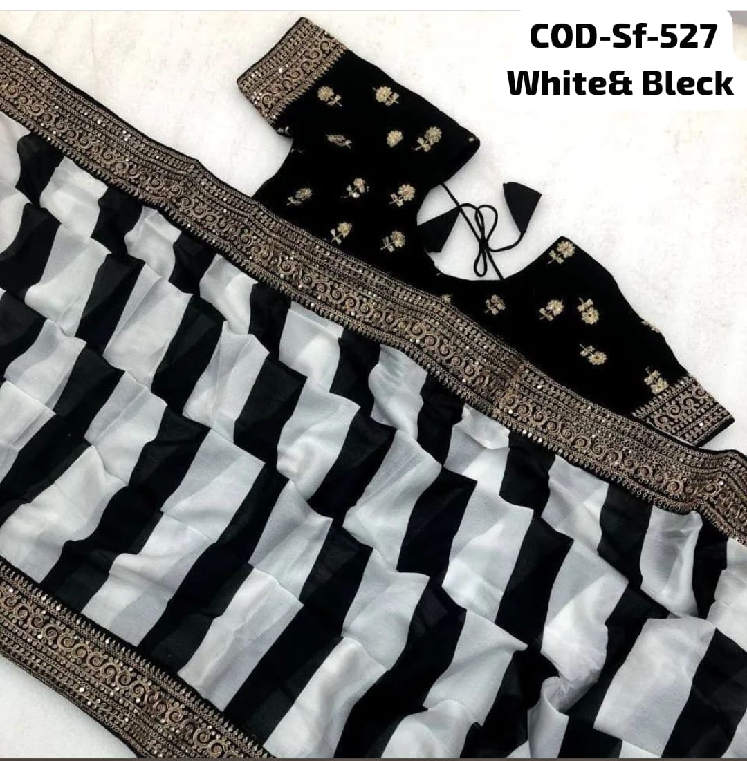 BEAUTIFUL FANCY DORI & THREAD ZARI WITH FANCY SEQUENCE WORK BOLLYWOOD SAREE BLACK AND WHITE COLOR
