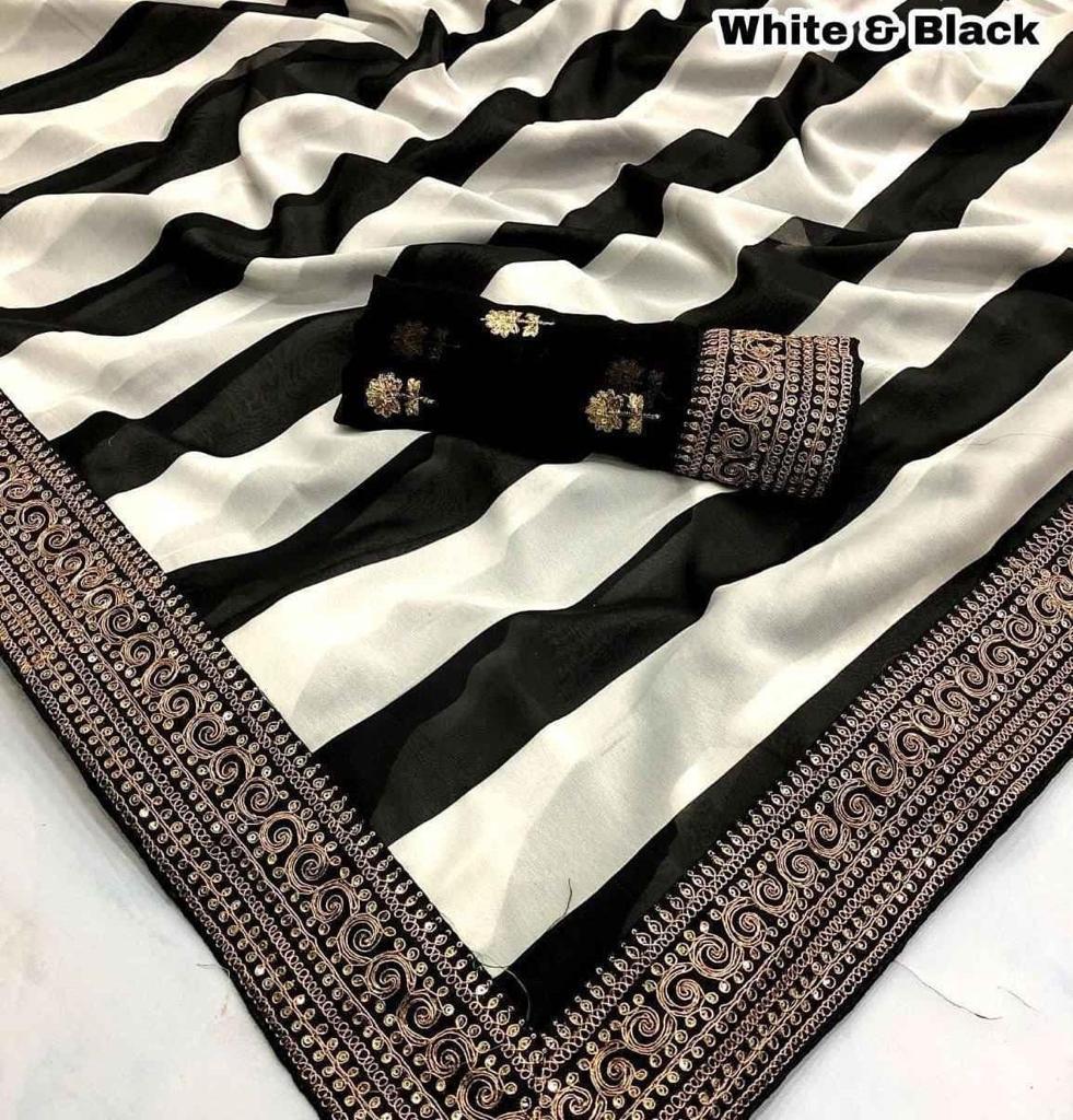 BEAUTIFUL FANCY DORI & THREAD ZARI WITH FANCY SEQUENCE WORK BOLLYWOOD SAREE BLACK AND WHITE COLOR