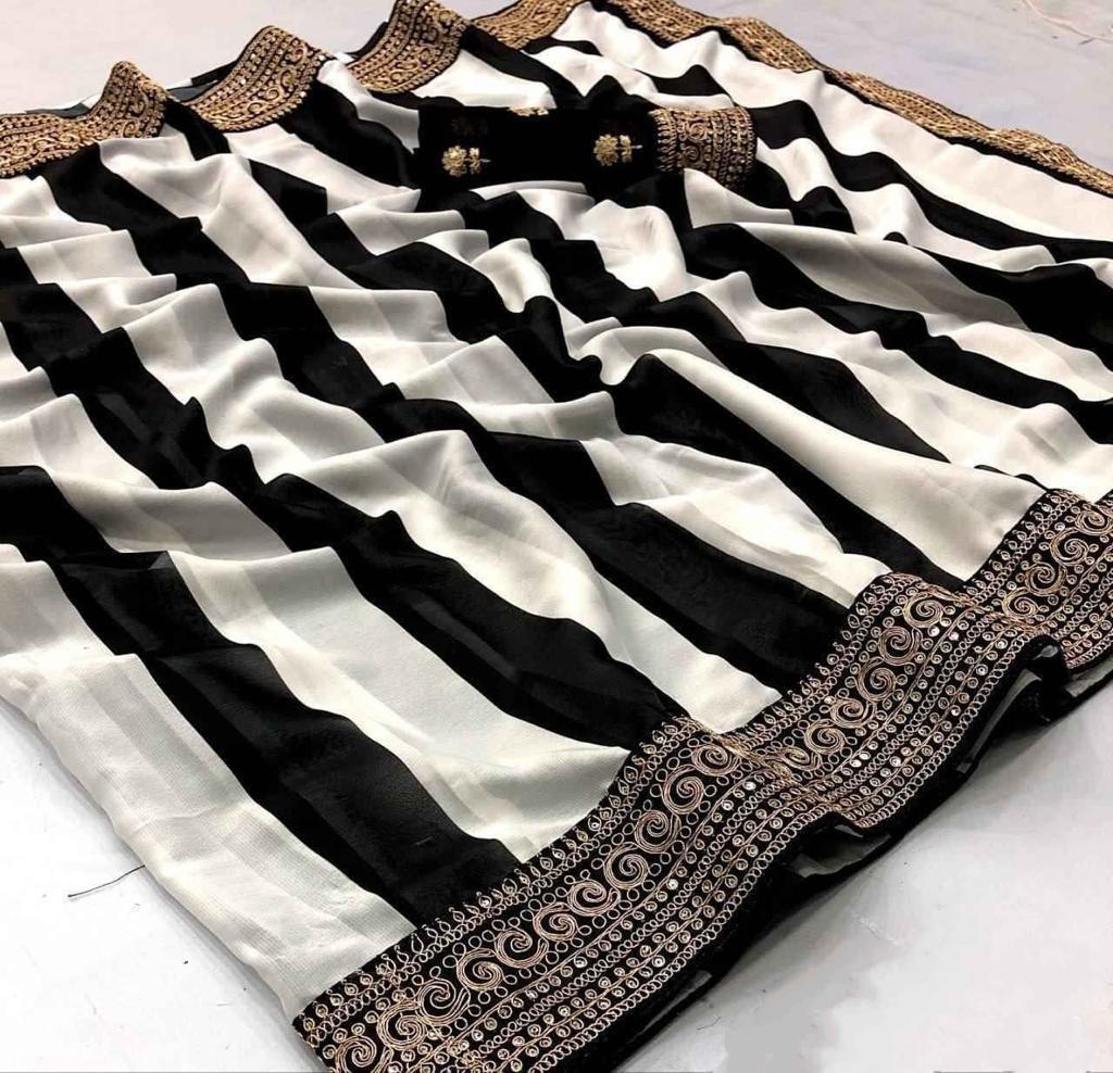 BEAUTIFUL FANCY DORI & THREAD ZARI WITH FANCY SEQUENCE WORK BOLLYWOOD SAREE BLACK AND WHITE COLOR