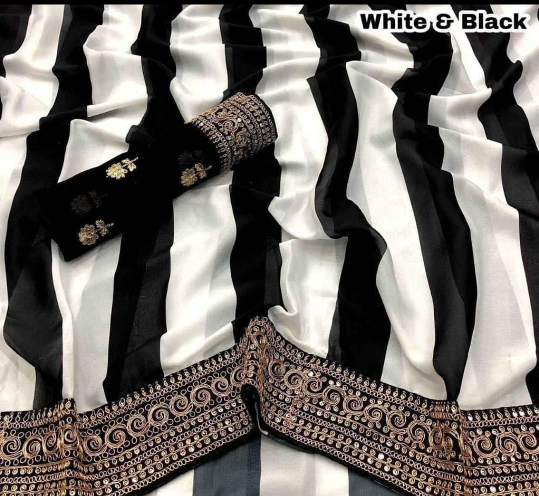 BEAUTIFUL FANCY DORI & THREAD ZARI WITH FANCY SEQUENCE WORK BOLLYWOOD SAREE BLACK AND WHITE COLOR