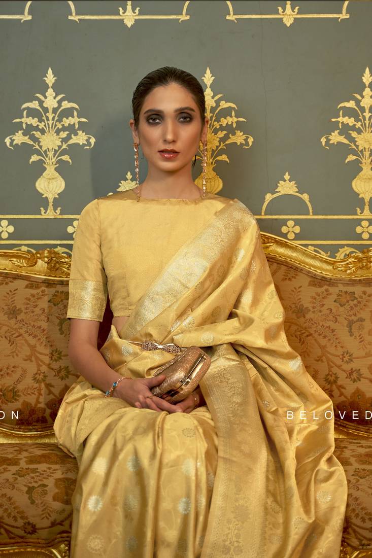 Yellow Woven Satin Saree With Blouse