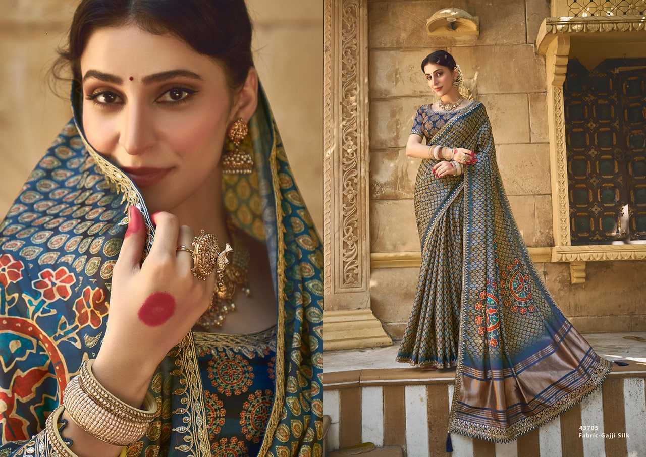 Exquisite Gajji Silk Floral Print Saree with Handwork & Stone Border