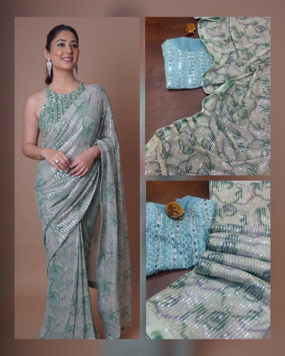 Multi Color Georgette Sequence Saree With Real Mirror Design Work Saree Party Wear Saree Best Quality Bollywood Saree Amazing Beauty Saree