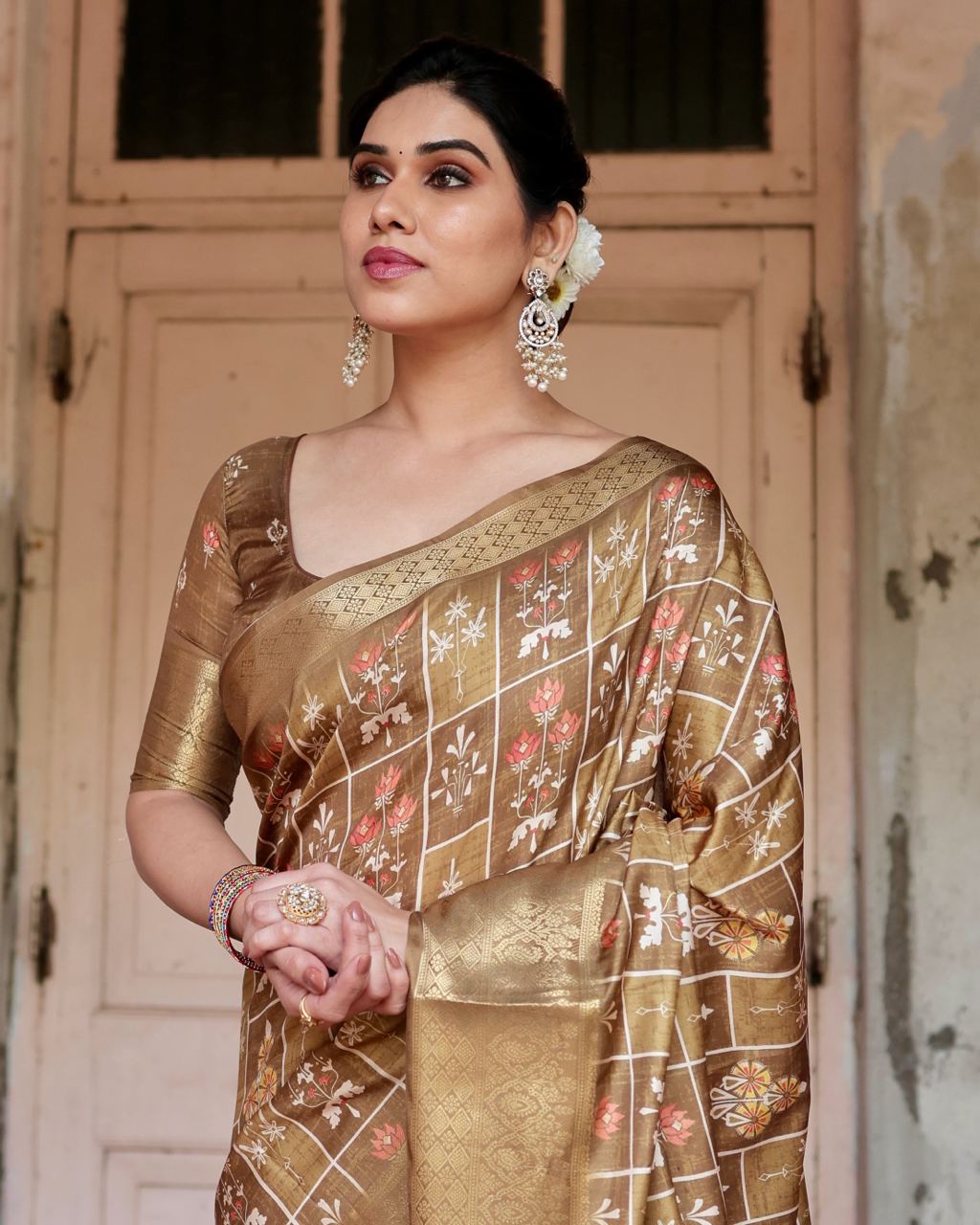 Golden Pure Silk Digitally Digital Printed Party Wear Saree