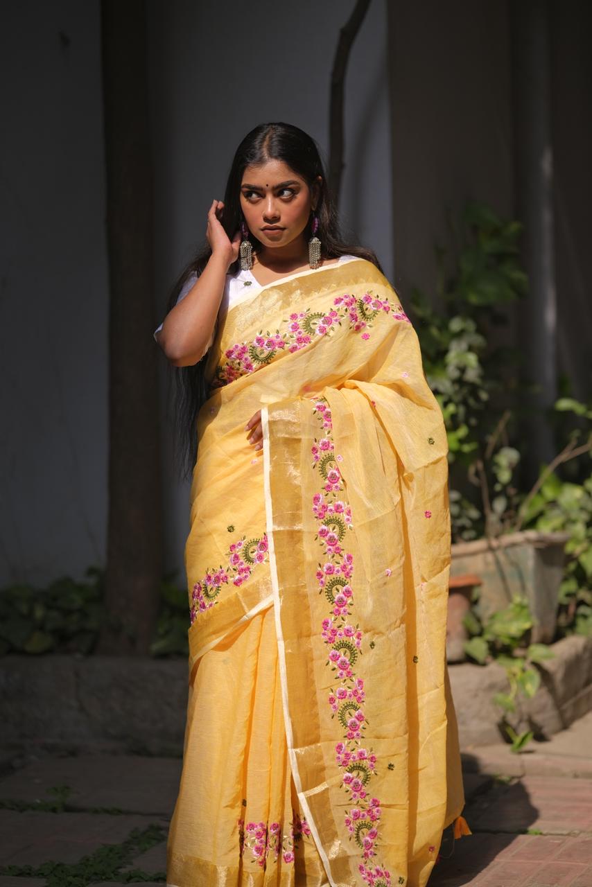 Embroidery Soft Linen Designer Sarees