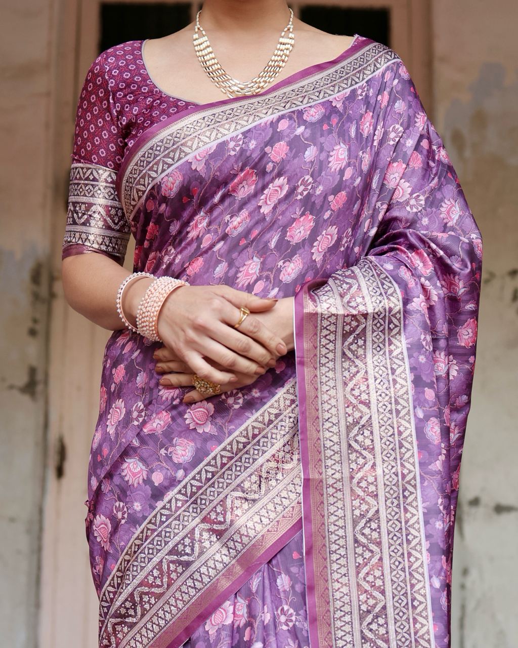 Pure Silk Saree With Digital Print and Blouse in Purple Indian Silk Saree