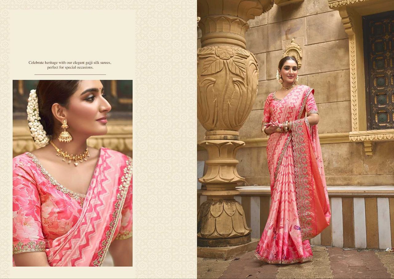 Exquisite Gajji Silk Floral Print Saree with Handwork & Stone Border