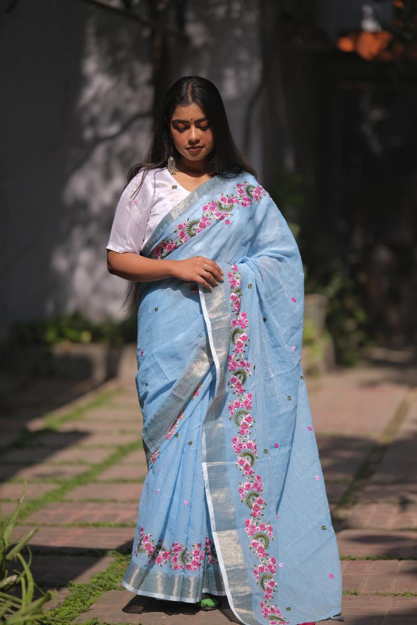 Embroidery Soft Linen Designer Sarees