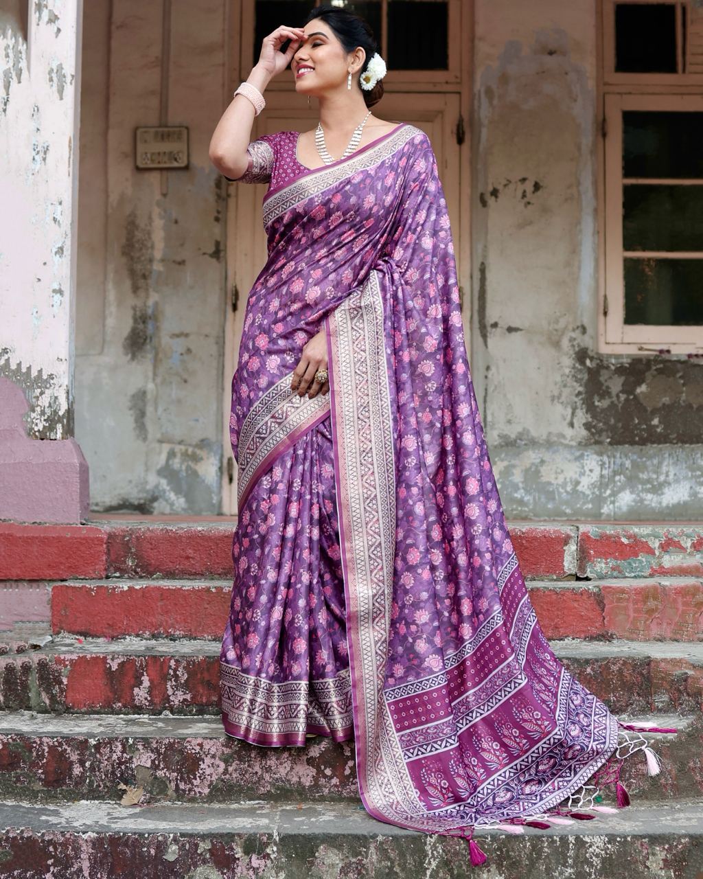 Pure Silk Saree With Digital Print and Blouse in Purple Indian Silk Saree