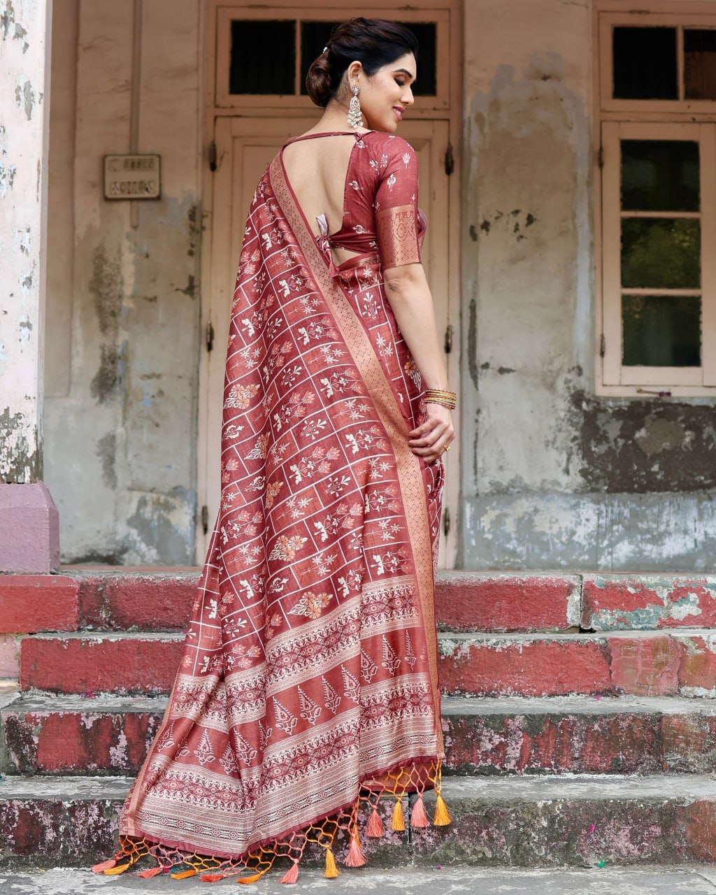 Marron Color Pure Silk Digital Printed Party Wear Saree
