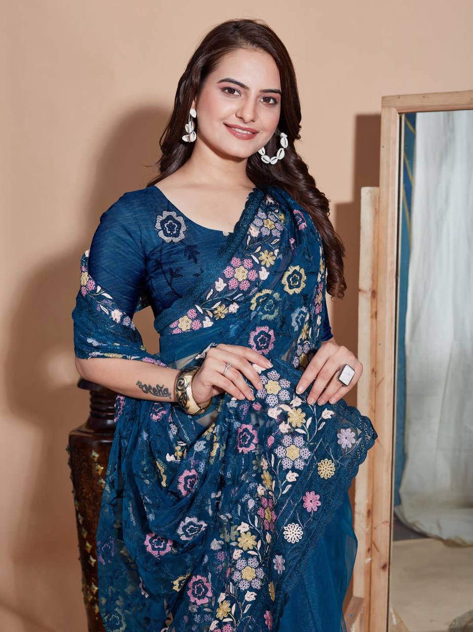 Butterfly Soft Net fabric with Embroider work and Multi work cut border Saree