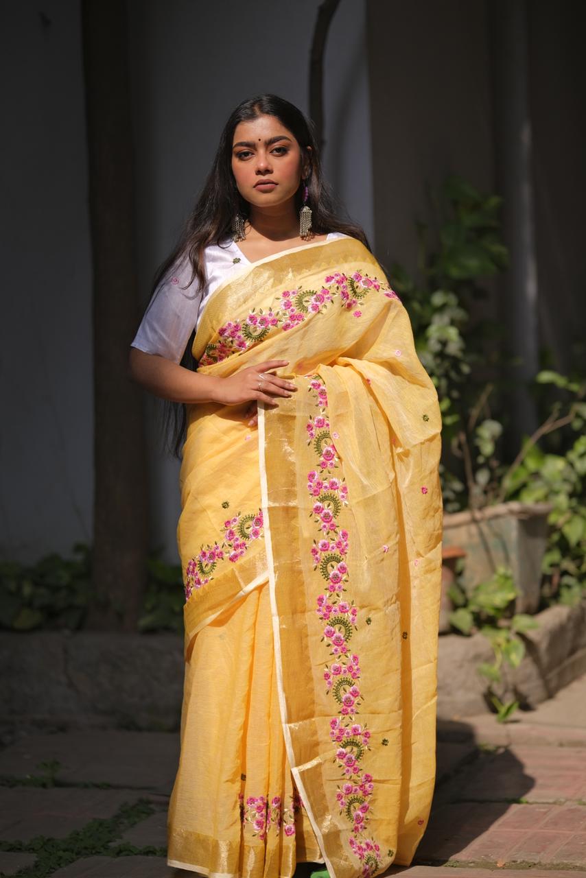 Embroidery Soft Linen Designer Sarees