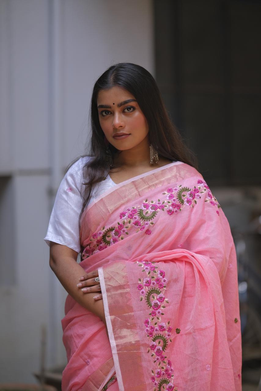 Embroidery Soft Linen Designer Sarees