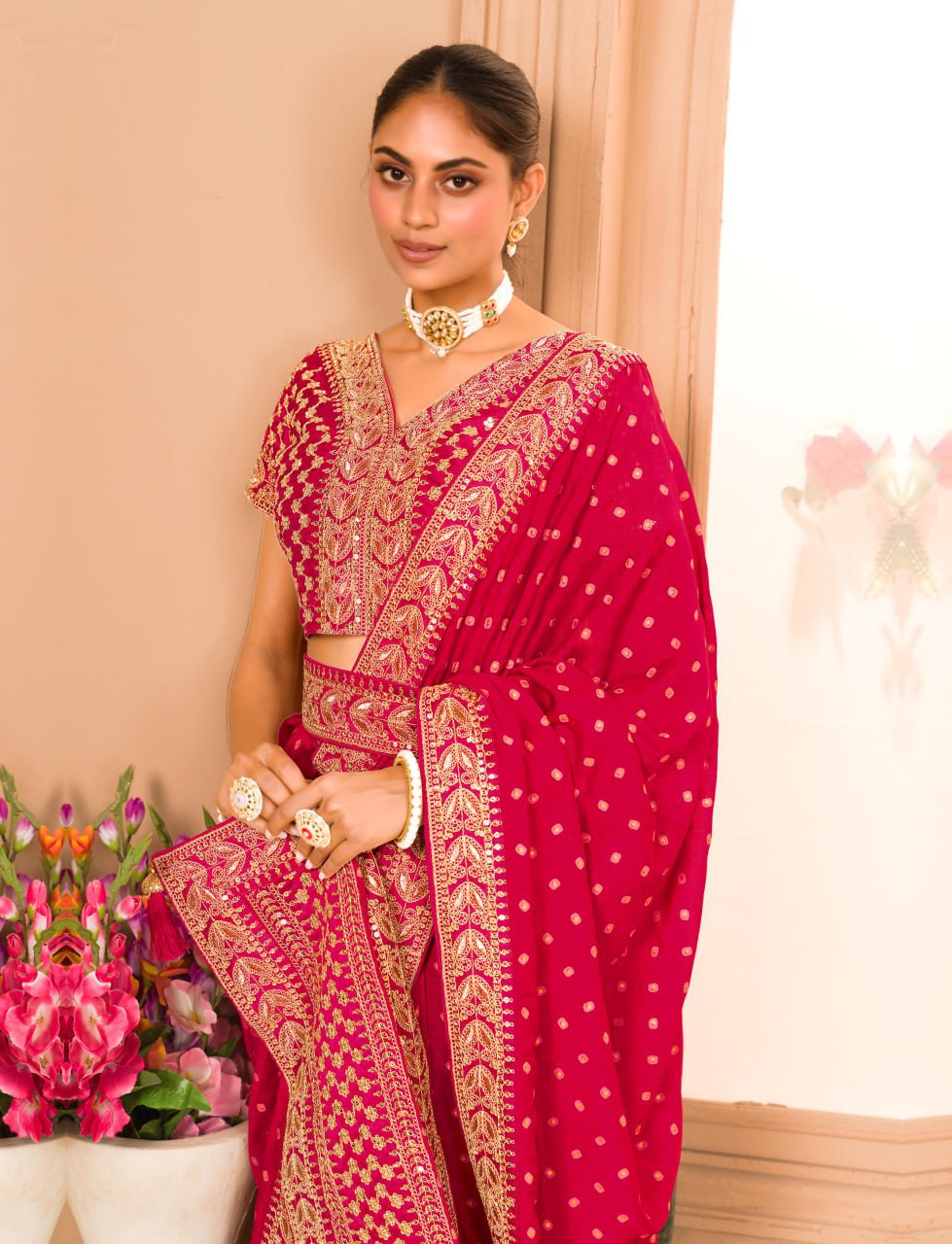RANI COLOUR ZARI SEQUENCE WORK DESIGNER SAREE WITH BLOUSE
