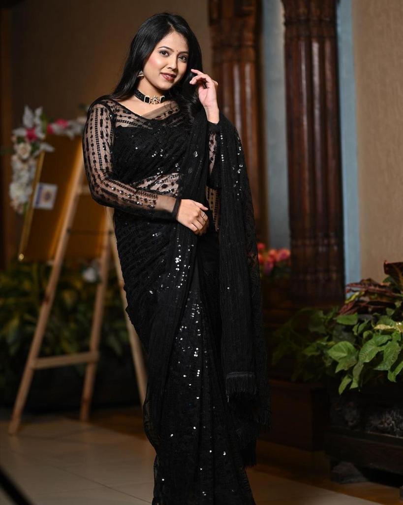 Black Color Glorious Premium Nylon Mono Net With 5 MM Sequence Work nd Tassels Saree For Women