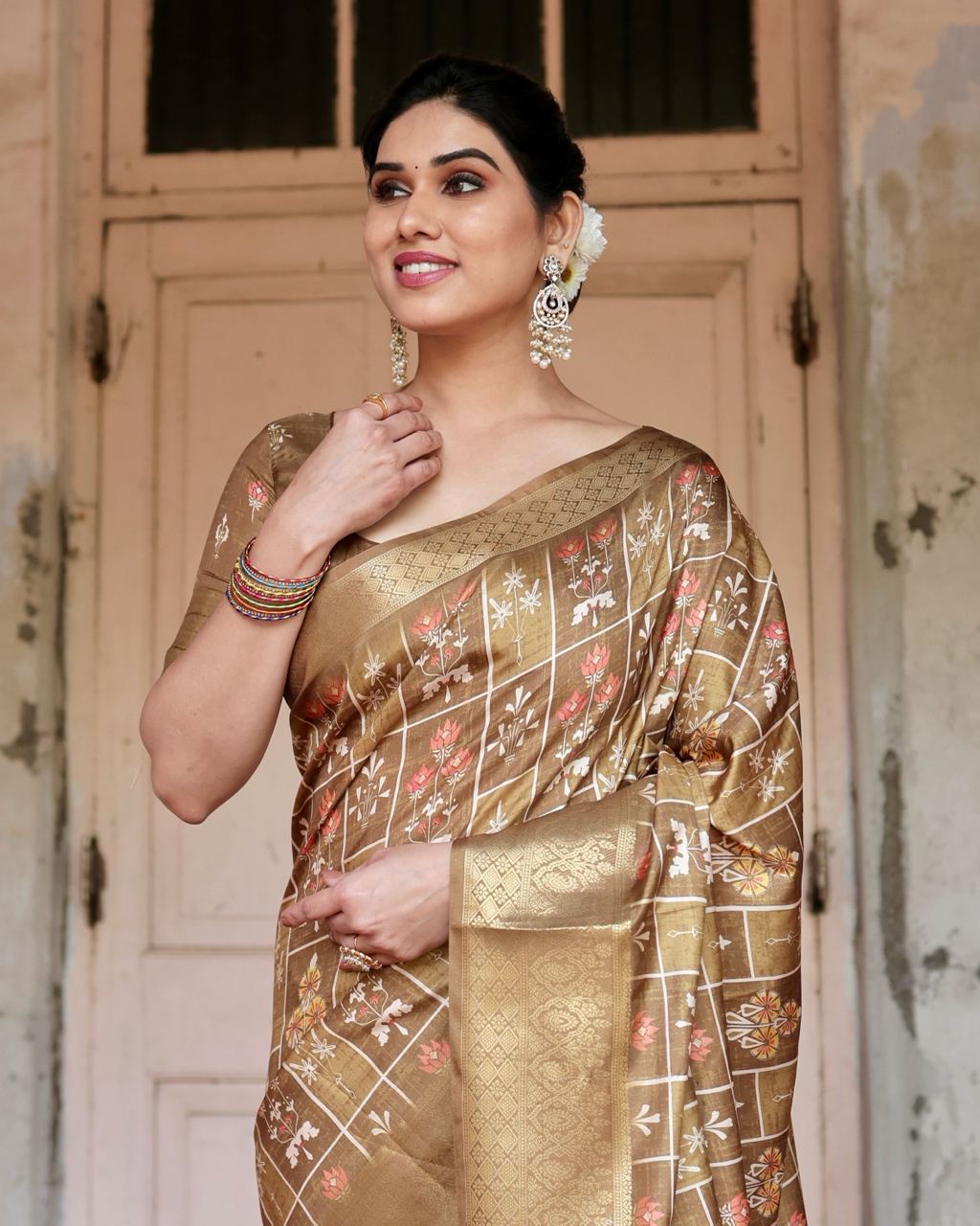 Golden Pure Silk Digitally Digital Printed Party Wear Saree