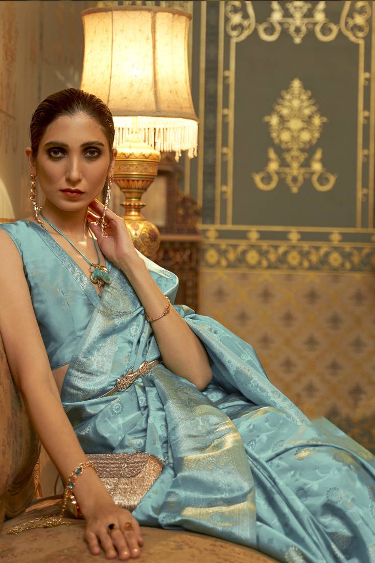 Sky Blue Woven Satin Saree With Blouse